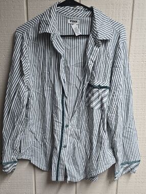 PINK Victoria's Secret Womens Teal and White Striped Button-Down Sleep Shirt